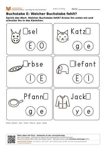 Buchstabe E: Welcher Buchstabe fehlt?