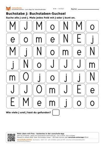 Buchstabe J: Buchstaben-Suchsel