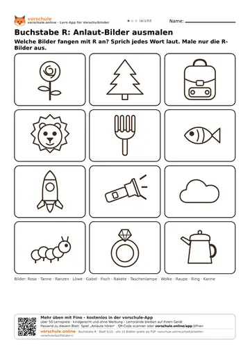 Buchstabe R: Anlaut-Bilder ausmalen