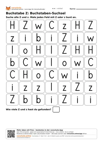 Buchstabe Z: Buchstaben-Suchsel