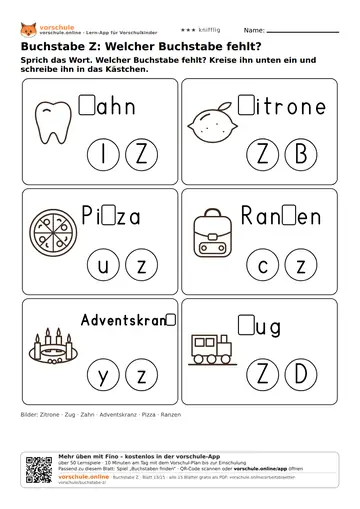 Buchstabe Z: Welcher Buchstabe fehlt?