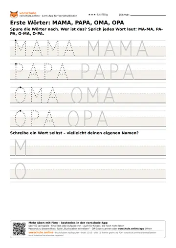 Erste Wörter: MAMA, PAPA, OMA, OPA