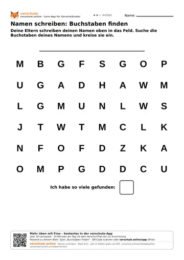 Namen schreiben: Buchstaben finden