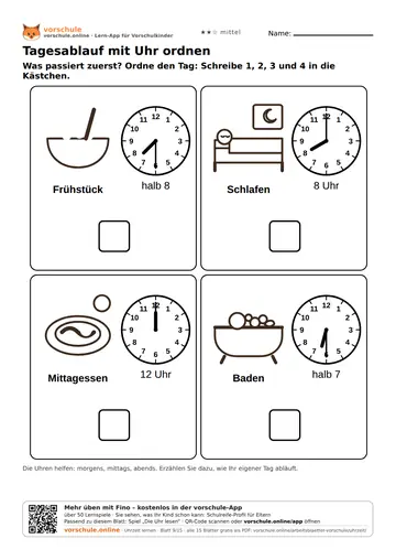Tagesablauf mit Uhr ordnen