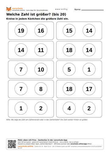Welche Zahl ist größer? (bis 20)