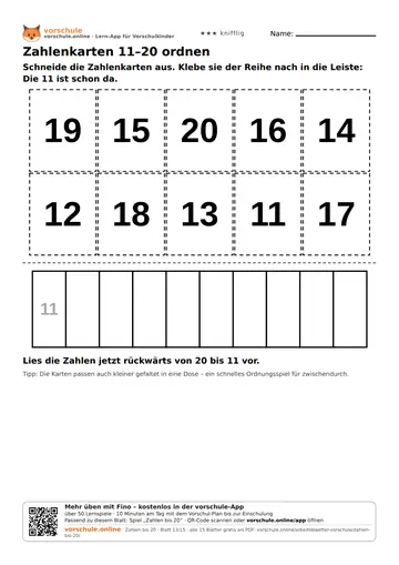Zahlenkarten 11–20 ordnen