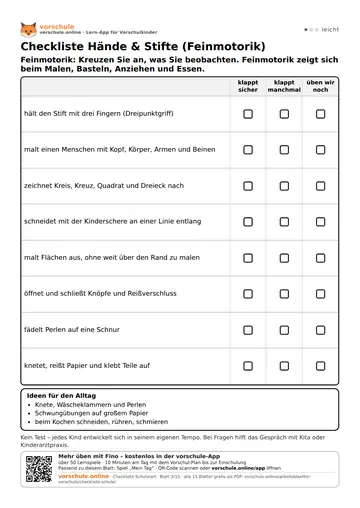 Checkliste Hände & Stifte (Feinmotorik)