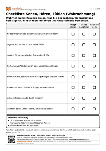 Checkliste Sehen, Hören, Fühlen (Wahrnehmung)