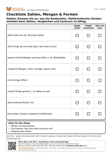 Checkliste Zahlen, Mengen & Formen