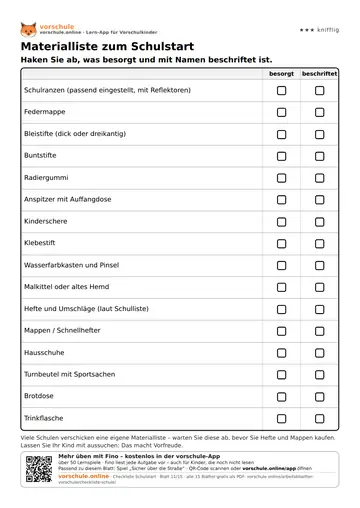 Materialliste zum Schulstart